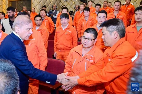 4月1日，在巴基斯坦西北部開伯爾-普什圖省達(dá)蘇，巴基斯坦總理夏巴茲（左）同達(dá)蘇水電站項(xiàng)目中方員工握手。新華社發(fā)（巴基斯坦新聞與廣播部下轄媒體信息部門供圖）