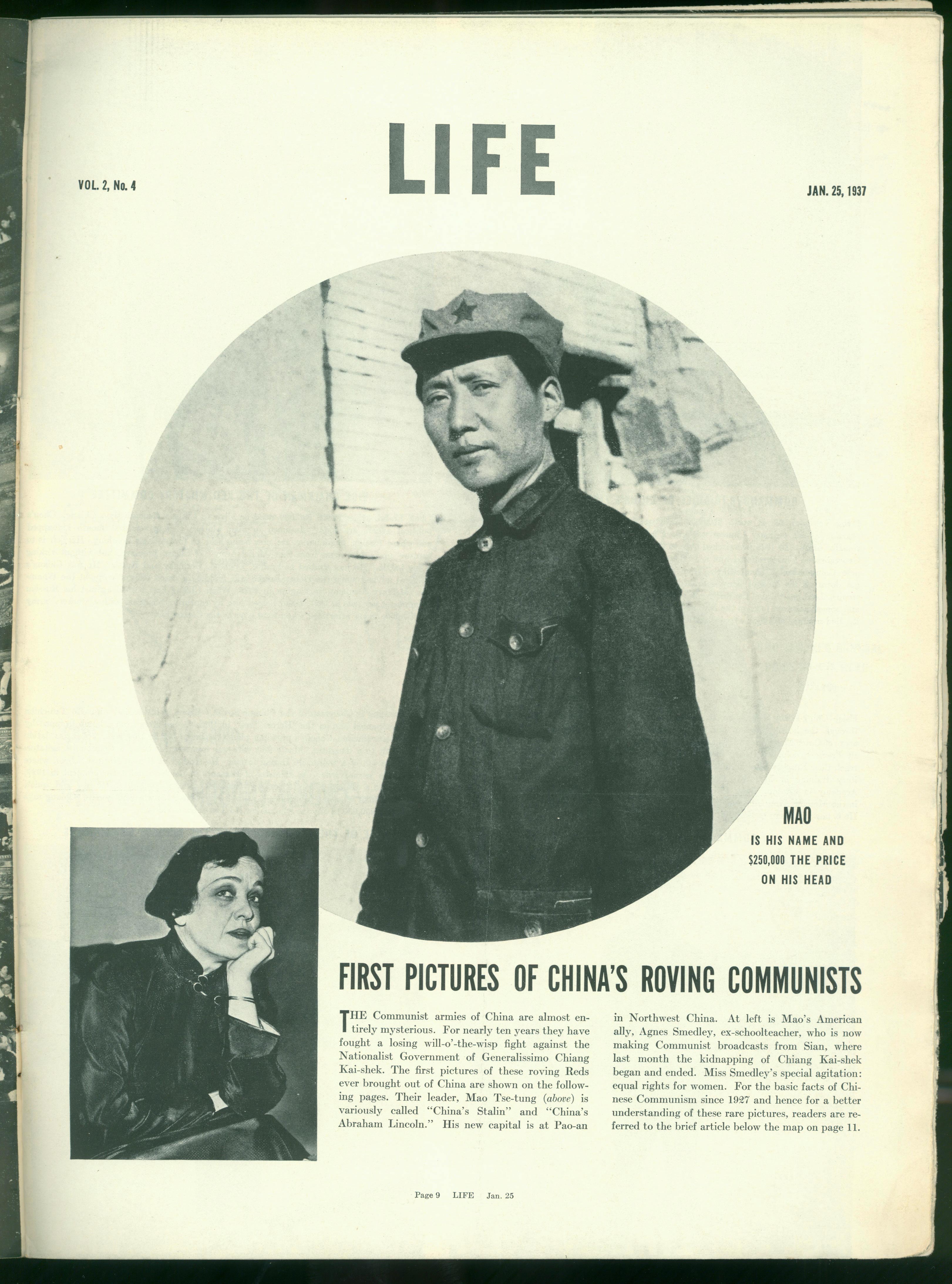 1937年1月25日，美國《生活》周刊刊登毛澤東照片，照片右下方寫著一行字：“毛，這是他的名字，他的人頭價值25萬元。”