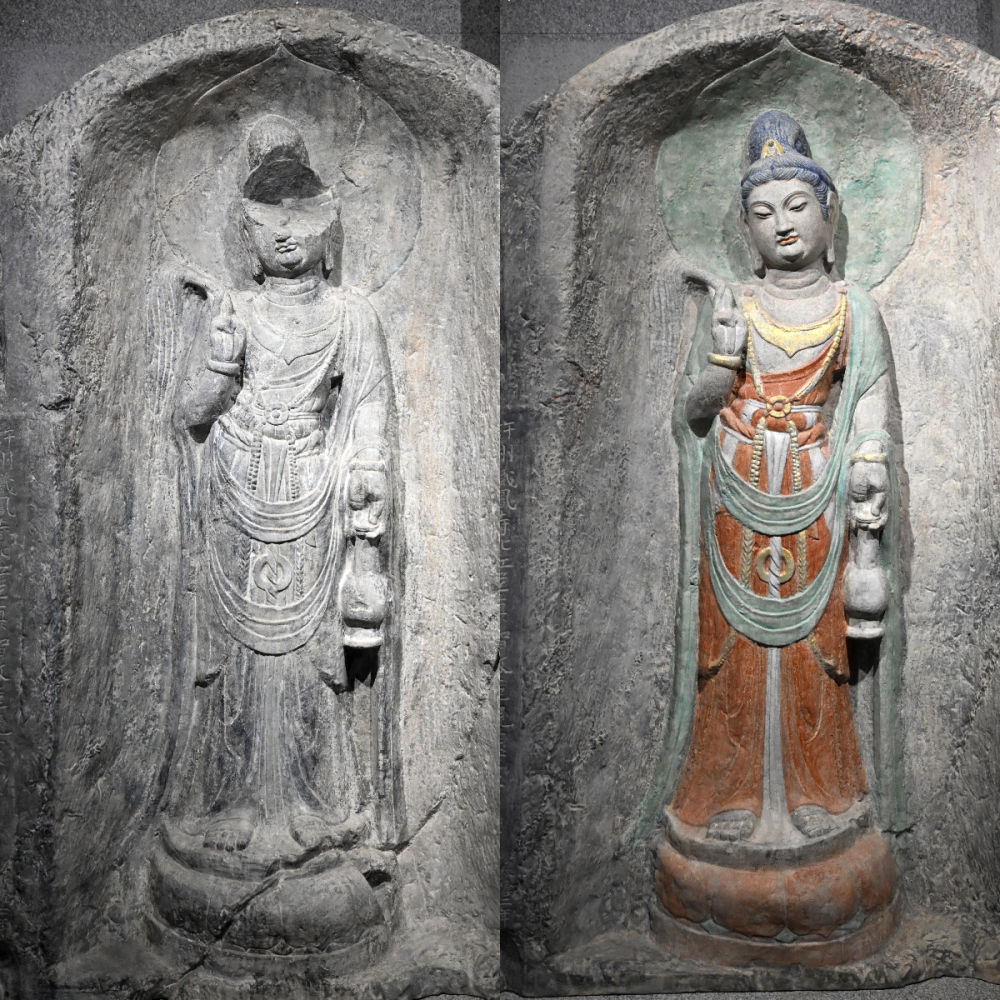 左圖為龍門石窟萬佛洞窟前南壁菩薩造像的3D打印模型；右圖為利用數(shù)字化技術(shù)復(fù)原后的3D打印模型（2025年4月10日攝，拼版照片）。復(fù)原后的像龕精妙絕倫，栩栩如生，被游客譽為“龍門最美菩薩”。圖片來源新華社