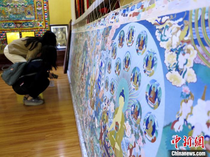 圖為民眾參觀半成品的唐卡?！?zhí)砀?攝