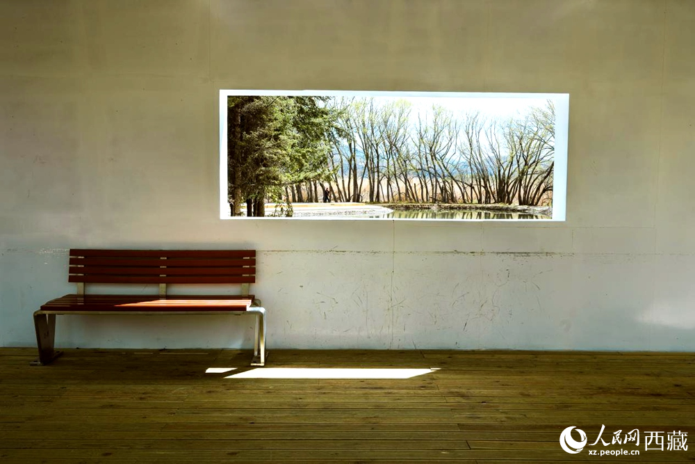 拉魯濕地公園內的涼亭巧用開窗設計，讓自然景觀宛如畫作懸掛在涼亭墻壁上。曹曦元攝