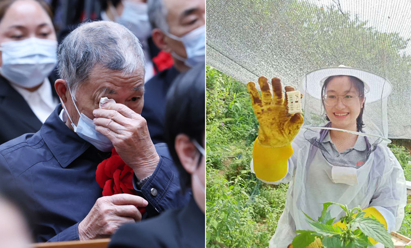 左圖為2021年2月25日，黃文秀的父親黃忠杰在全國(guó)脫貧攻堅(jiān)表彰大會(huì)上；右圖為黃文秀生前工作照。